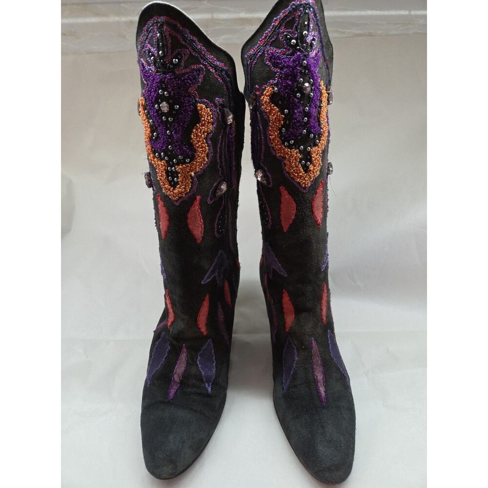Vintage Andrea Pfister Italy Blue Leather Suede Embroidery Boots 6.5